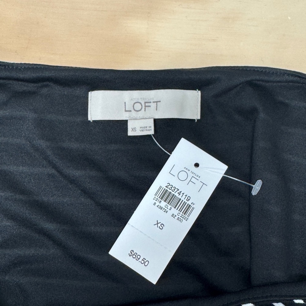 NWT Loft Black White Striped Ruched Sheath Knee Length Dress Cap Sleeve XS Soft - Picture 6 of 8